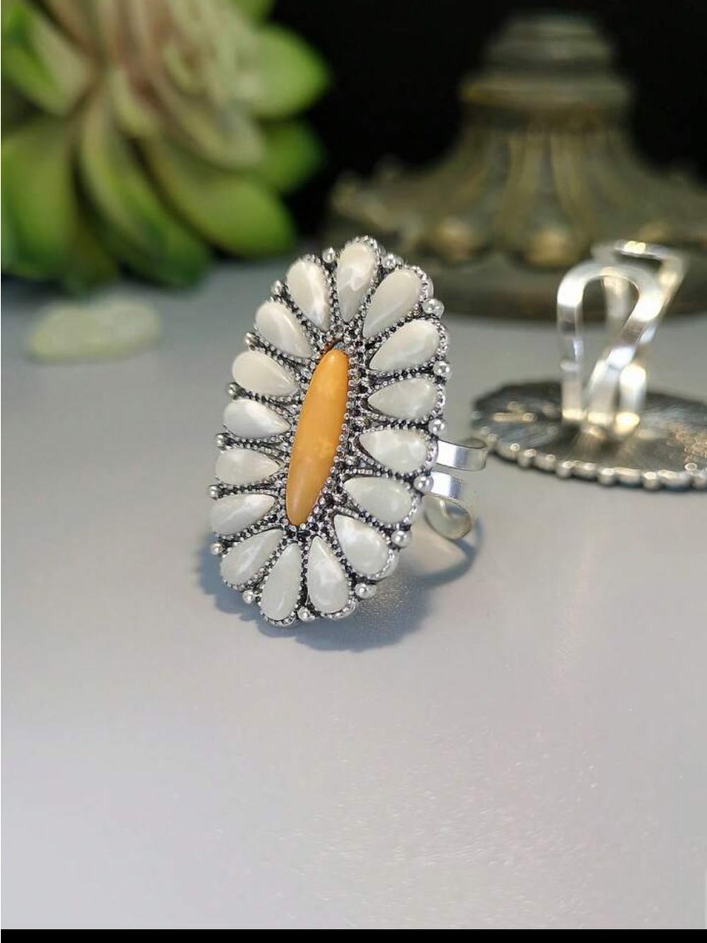 New! White and Peach Stone Floral Statement Adjustable Silver Ring
